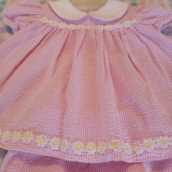 BRIGHT FUTURE ♡ Vintage 2pc Pink|White Daisy Floral Seersucker Dress Outfit 0-3M - Picture 10 of 15